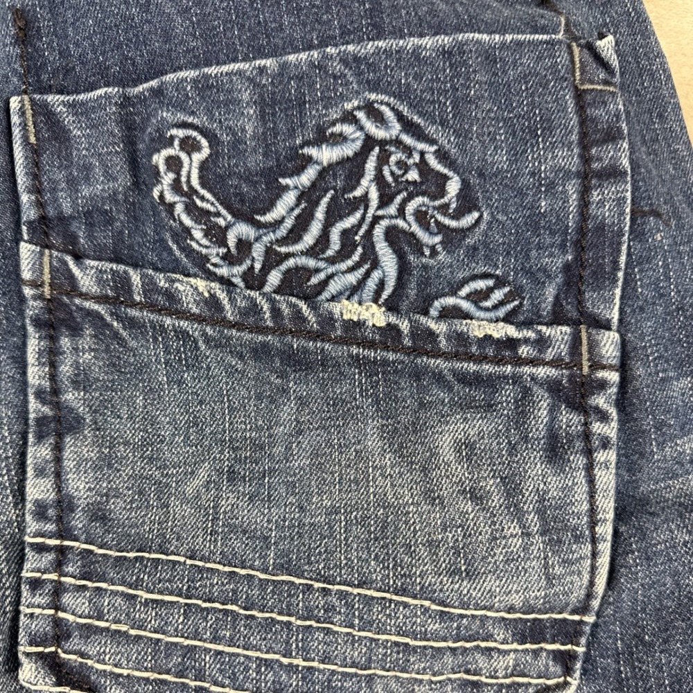 Express Jeans Rocco Mens 34x30 Blue Slim Low Rise Wide Boot Embroidered Lion Y2K - Picture 7 of 8